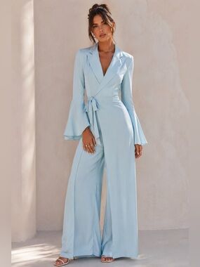 CBR Ice Blue Wrap Front Wide Leg Jumpsuit Bell Sleeve Minimal Luxe Formal
